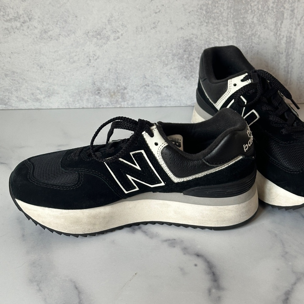 New Balance 574 Black and White Platform Sneakers - Picture 7 of 10